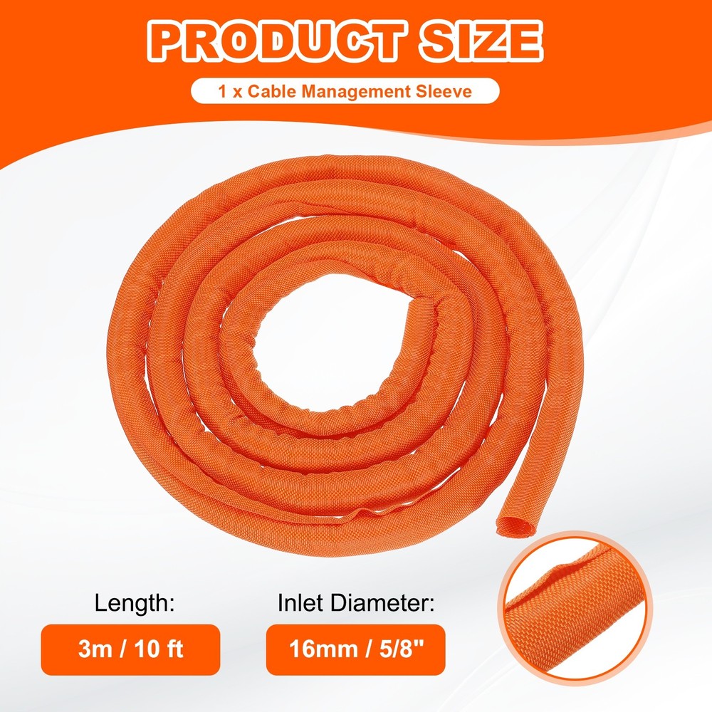 Wire Split Braided Cable Management Sleeve, Orange (5/8" - 10 Feet)