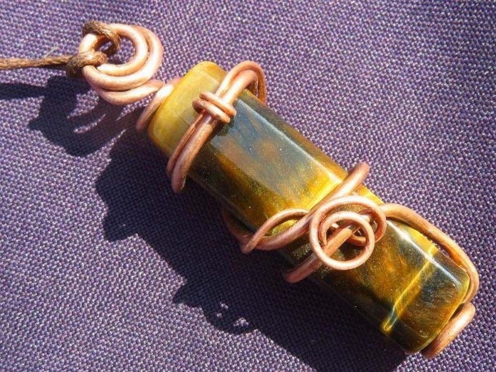 Gem Quality Polished Rectangular Tigers Eye Copper Wire Wrapped Pendant
