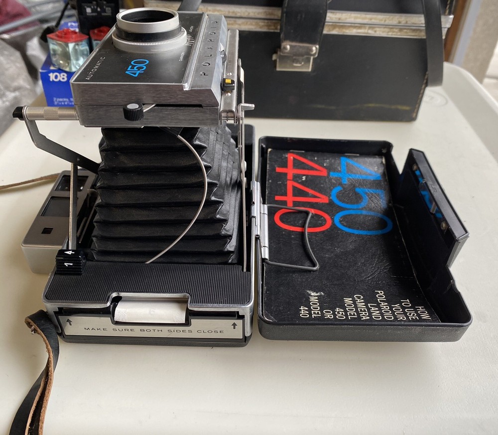 Vintage Polaroid 450 Untested Land Camera w/ Attachments, Accessories, & Case