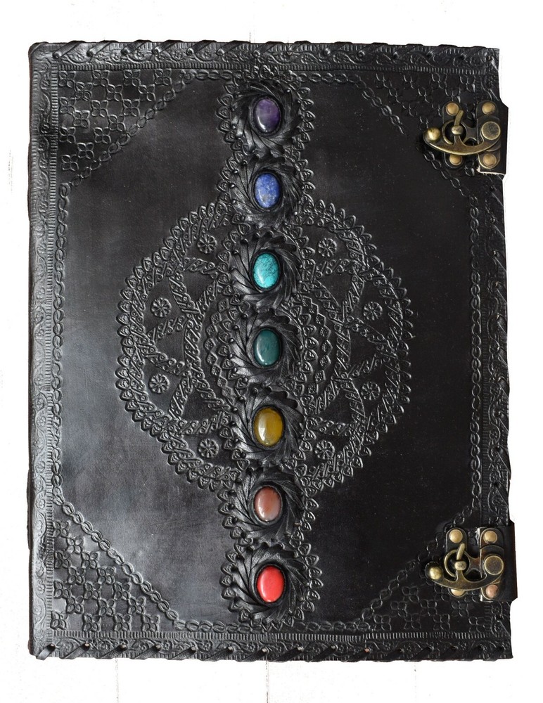 Seven Chakra Stone Embossed Black Leather Journal Book Diary Sketch Notebook