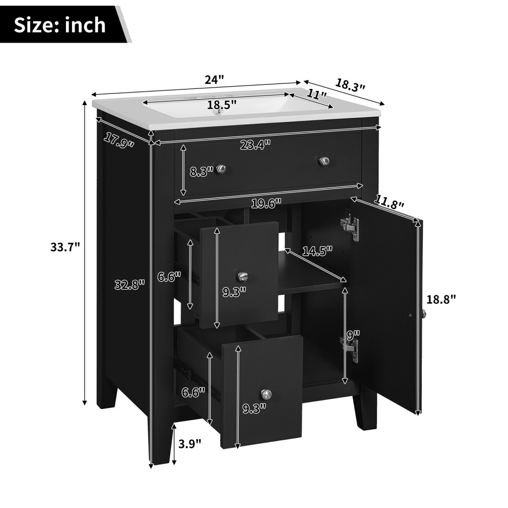Bathroom Vanity with Ceramic Basin Features Two Drawers and Soft-Close Doors