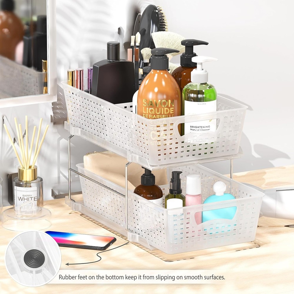 Simple Houseware 2 Tier Bathroom Organizer Tray Pull-Out Sliding Clear