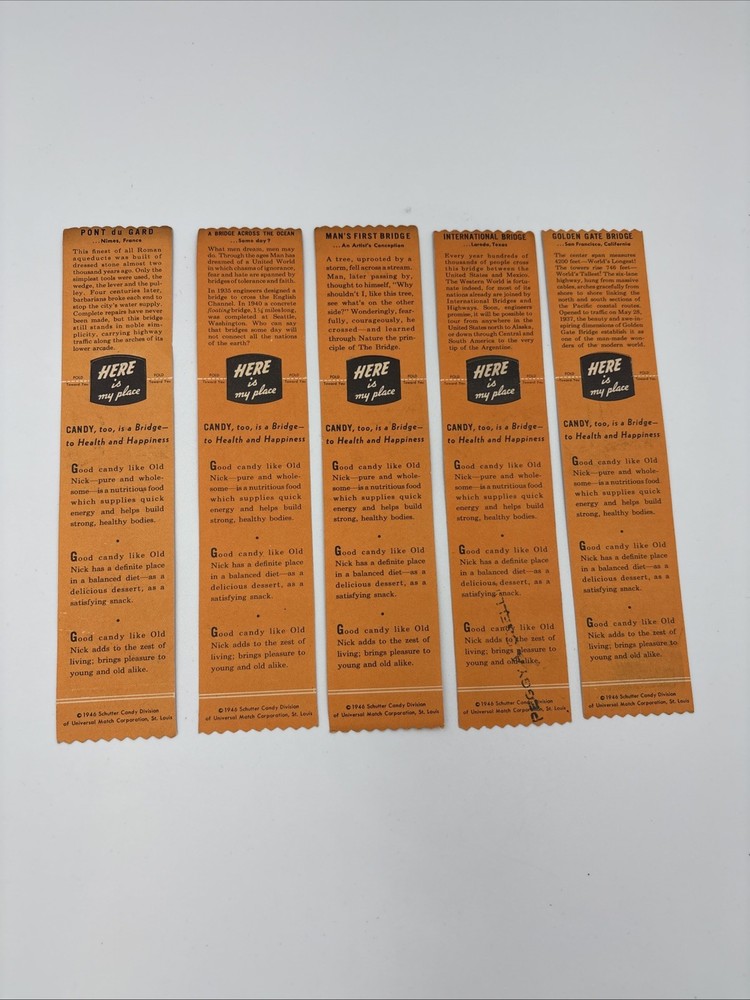 (5) 1946 Old Nick Books are Bridges Bookmark Advertisement Schutter Candy Bar