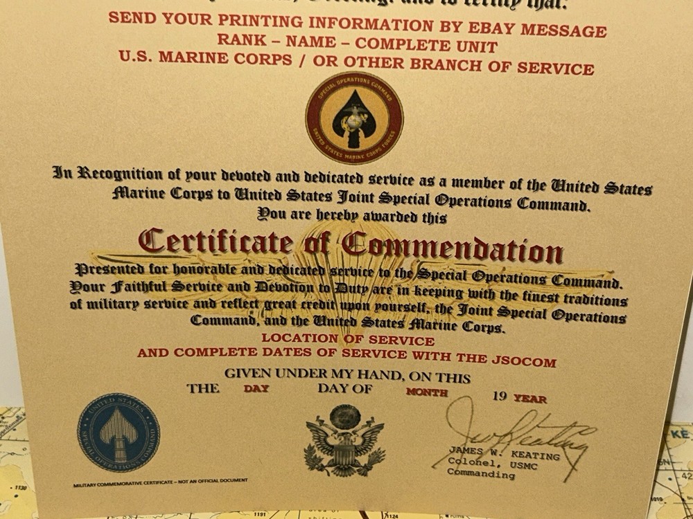 USMC / MARINE CORPS SPECIAL OPERATIONS COMMAND ~ CERTIFICATE OF COMMENDATION