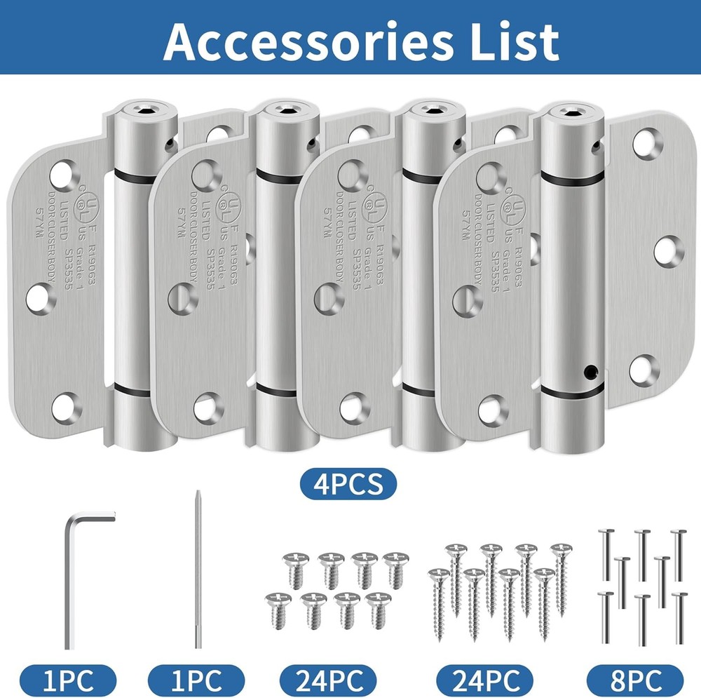 4 Pack 3.5 Inch Self Closing Door Hinges 5/8" Radius Corners Spring Loaded Hinge