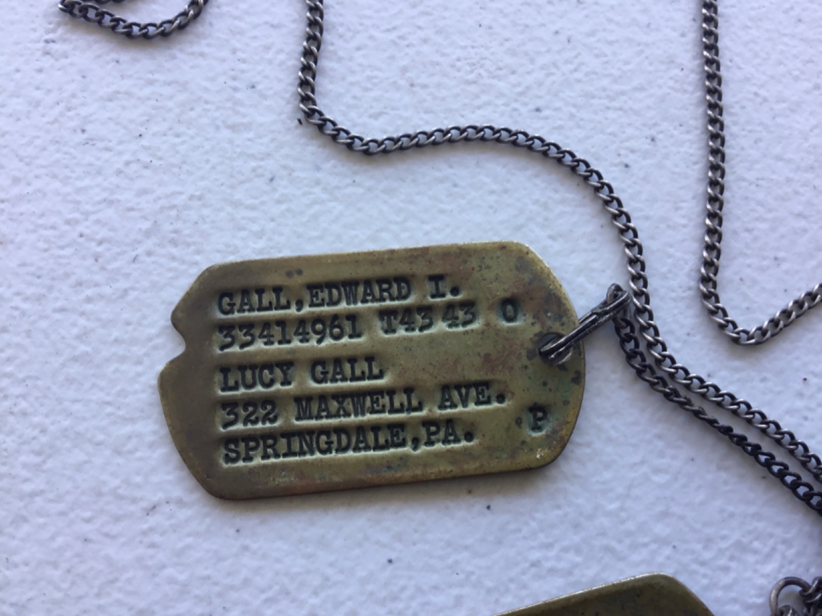 WWII Brass Notched Dog Tags On Sterling J-Hook Chain T-43 P