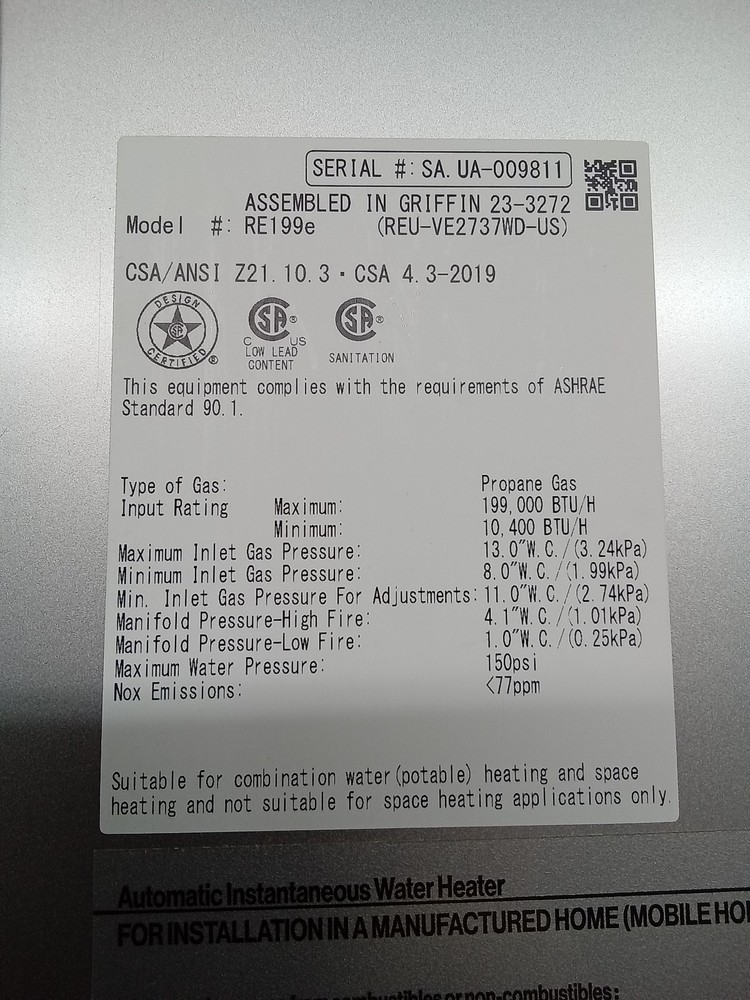 Rinnai RE199eP Outdoor Tankless Water Heater 199K BTU Propane Gas FOR PARTS