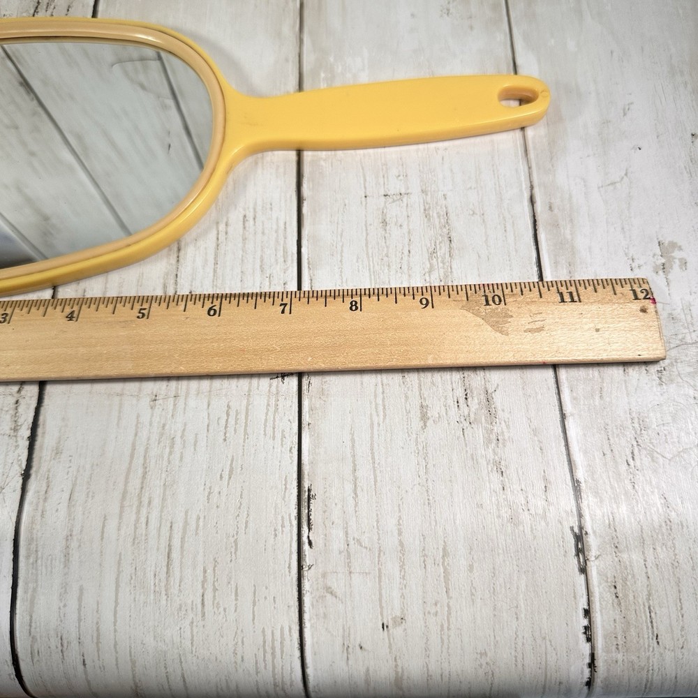 Beige Hand Mirror Plastic 11” Rectangular Textured Back Vintage Hong Kong