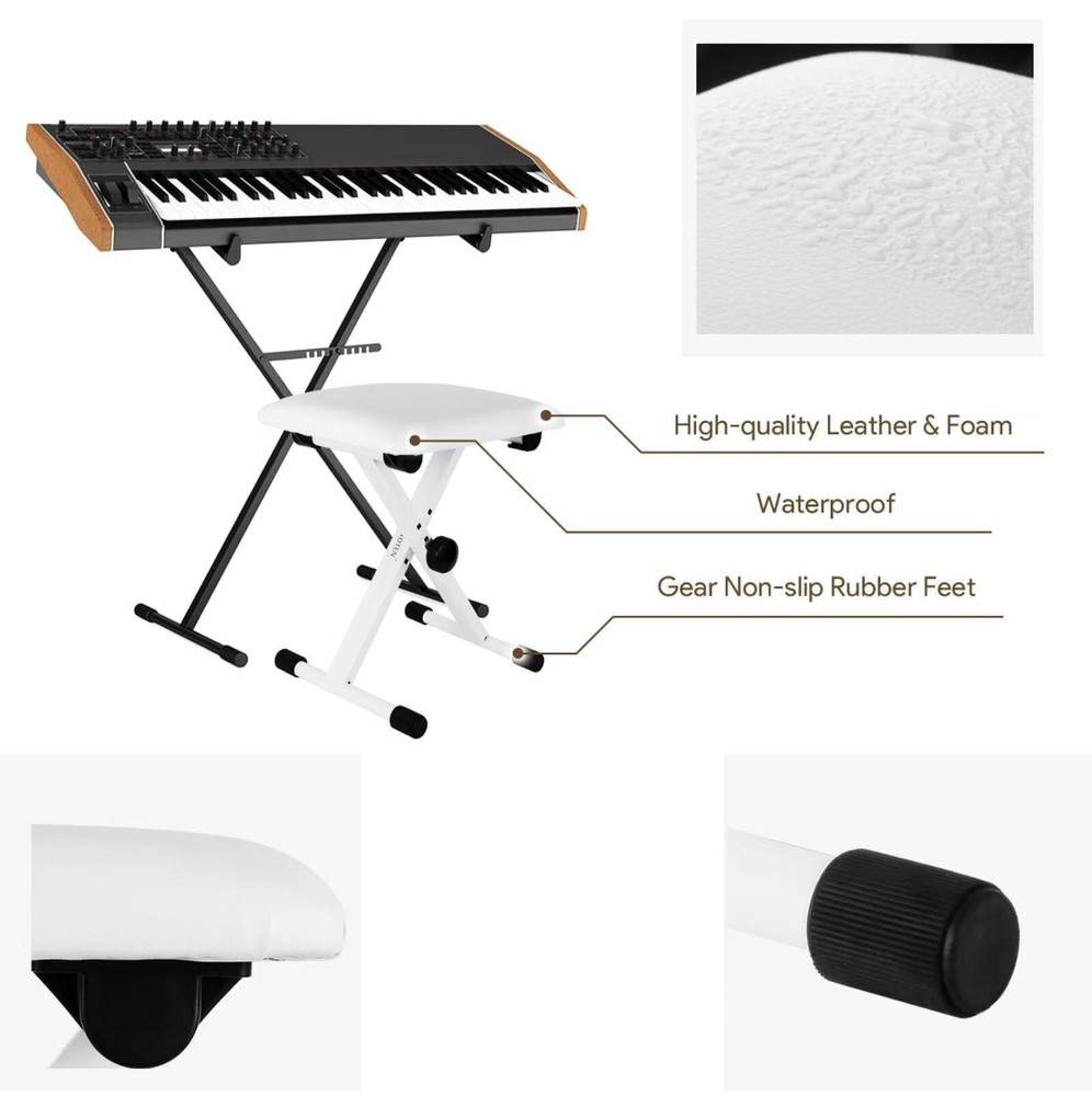 Keyboard Bench Cushion Padded Piano Bench X-Type Adjustable Stool Seat White