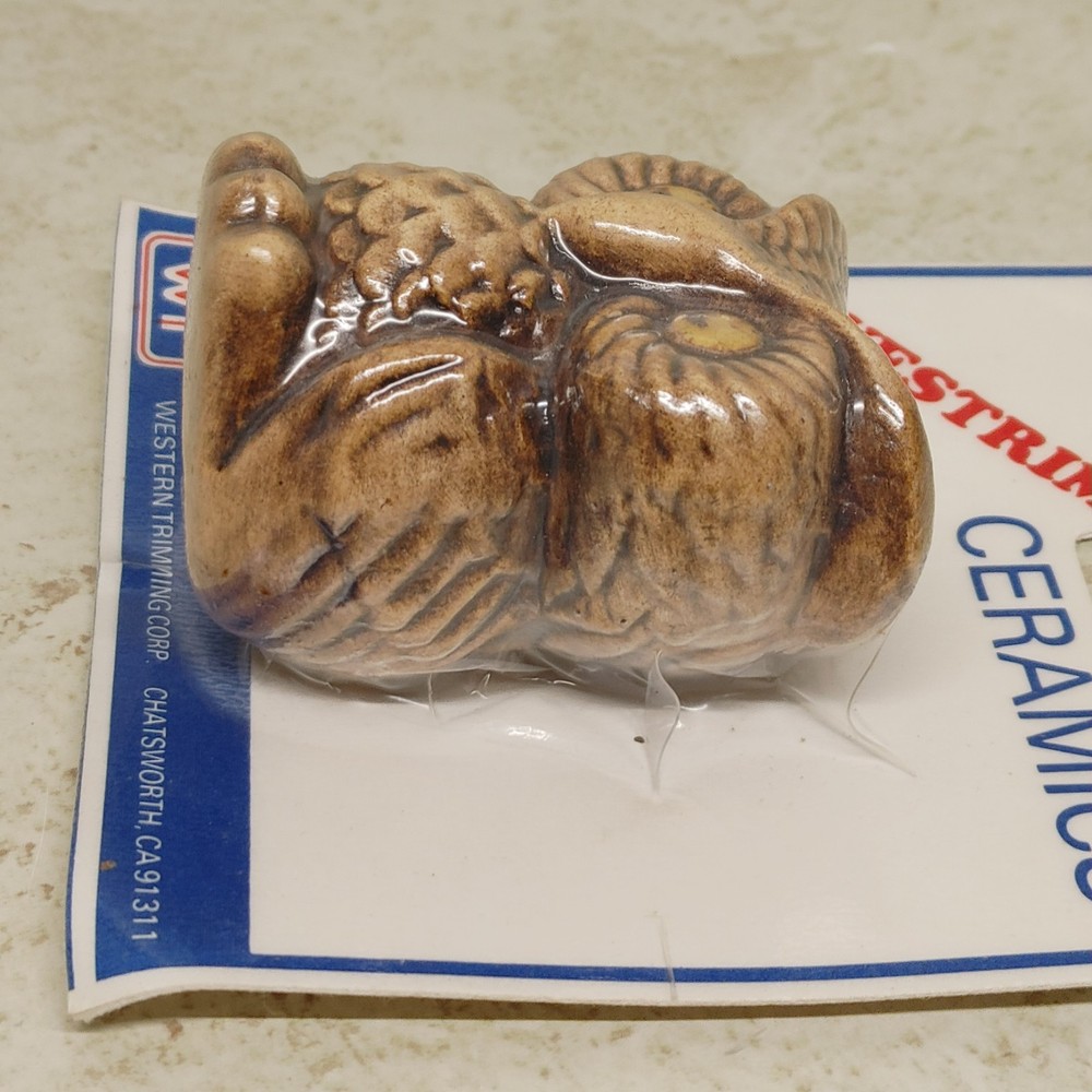 Vintage Macrame Owl Bead Accessory Ceramic Brown 2.75" NOS Sealed