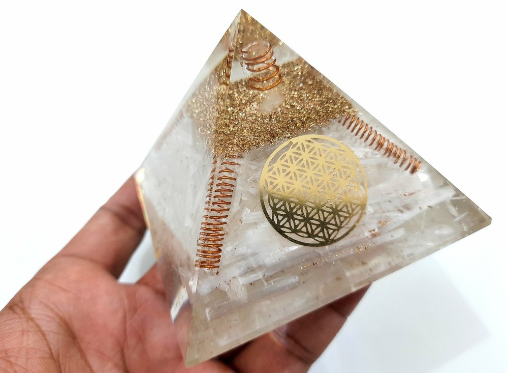 Selenite Natural Chips Orgone Pyramid 90mm Big Orgone Pyramid Copper & Pouch