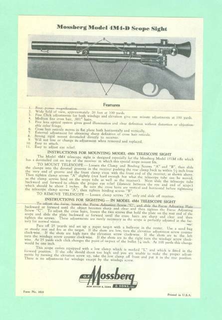 Mossberg Model 4M4-D Scope Instruction Sheet Reproduction