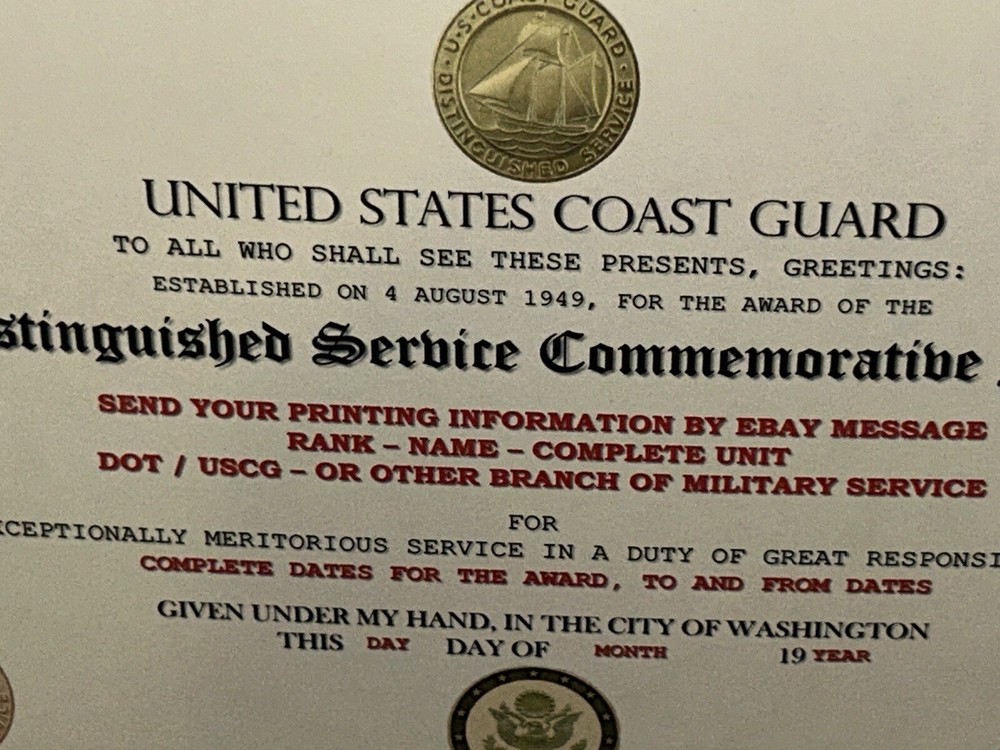 USCG DISTINGUISHED SERVICE MEDAL COMMEMORATIVE CERTIFICATE ~ TYPE-2 w/PRINTING