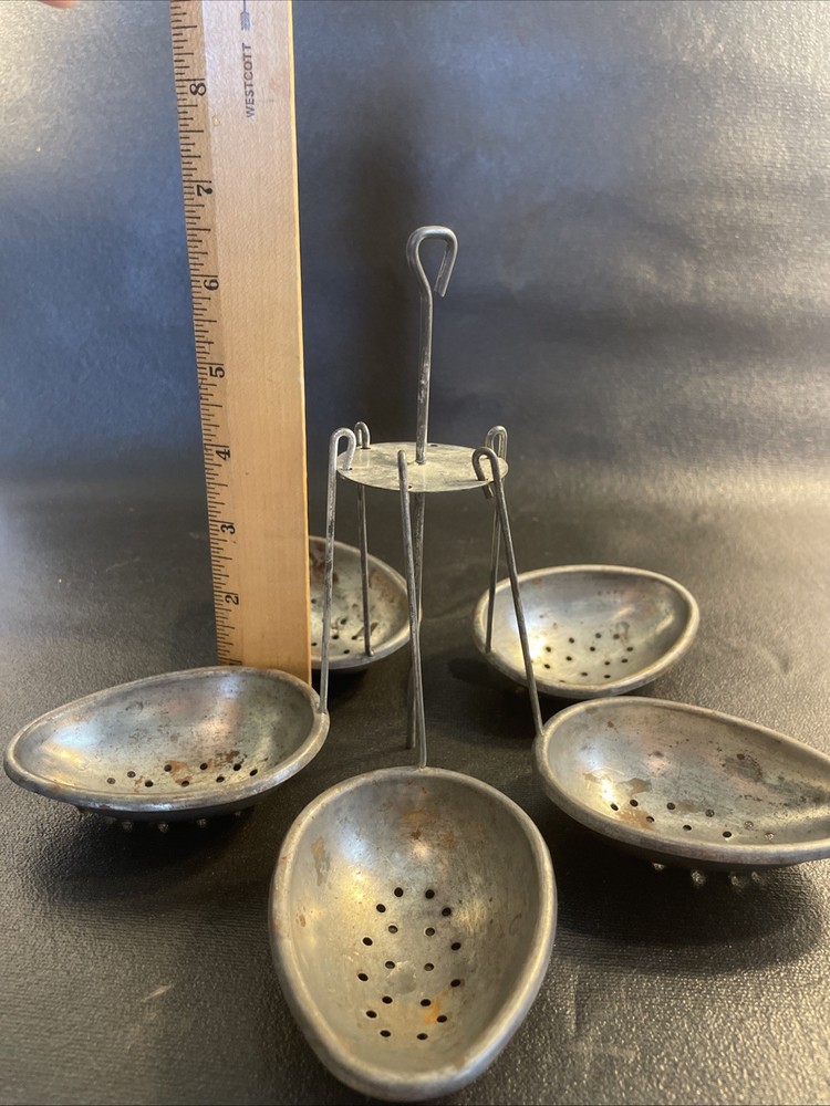 Vintage 5 Metal Tin Egg Shaped Oval Strainer w/ Handle