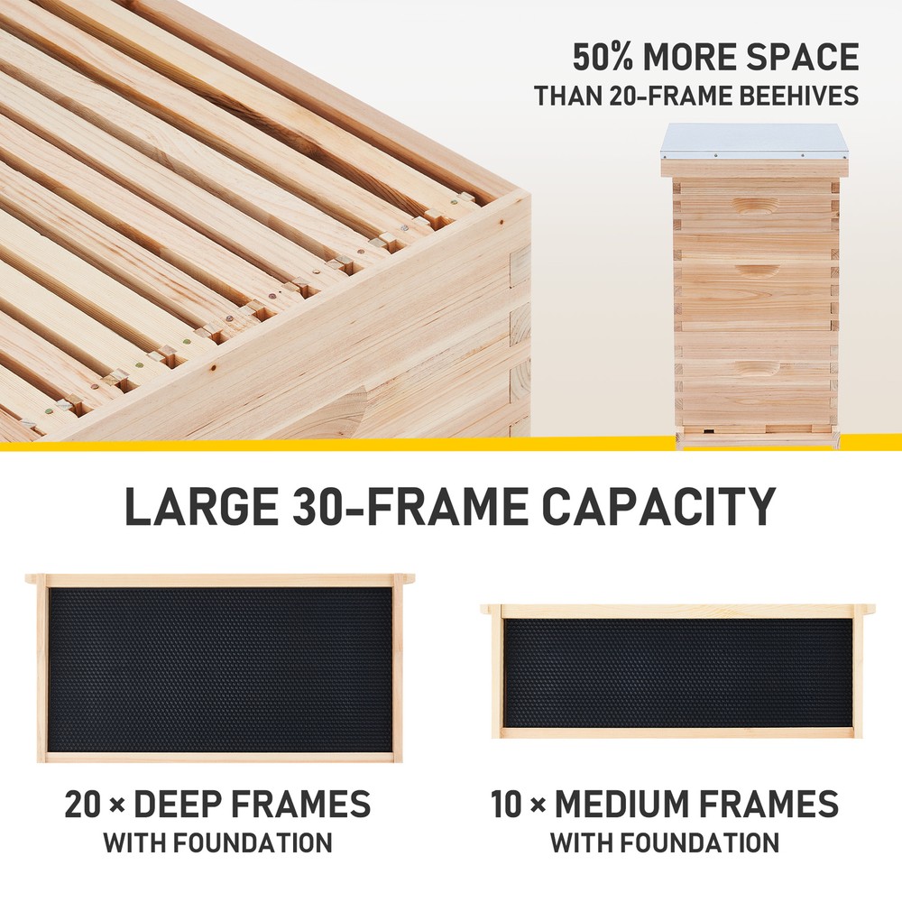 Langstroth Bee Hive Beehive Kit - 30 Frame Box 20 Deep + 10 Medium Frames