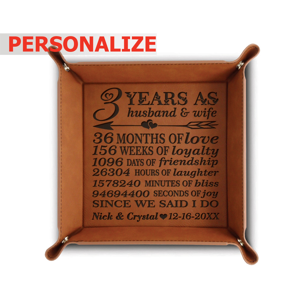 Personalized 3 Years Anniversary Gift-Engraved Leather Tray