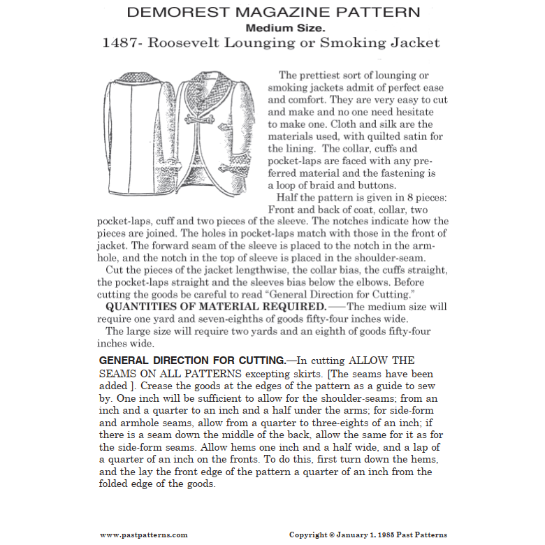 Past Patterns 1487 - Early 1900s Smoking Jacket Sewing Pattern Chest 44"-54"