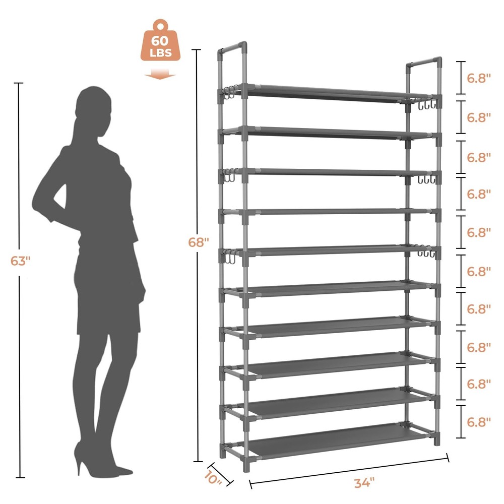 10Tier Tall Shoe Rack with 18 Hooks Holds 50 Pairs, Stackable Vertical Grey