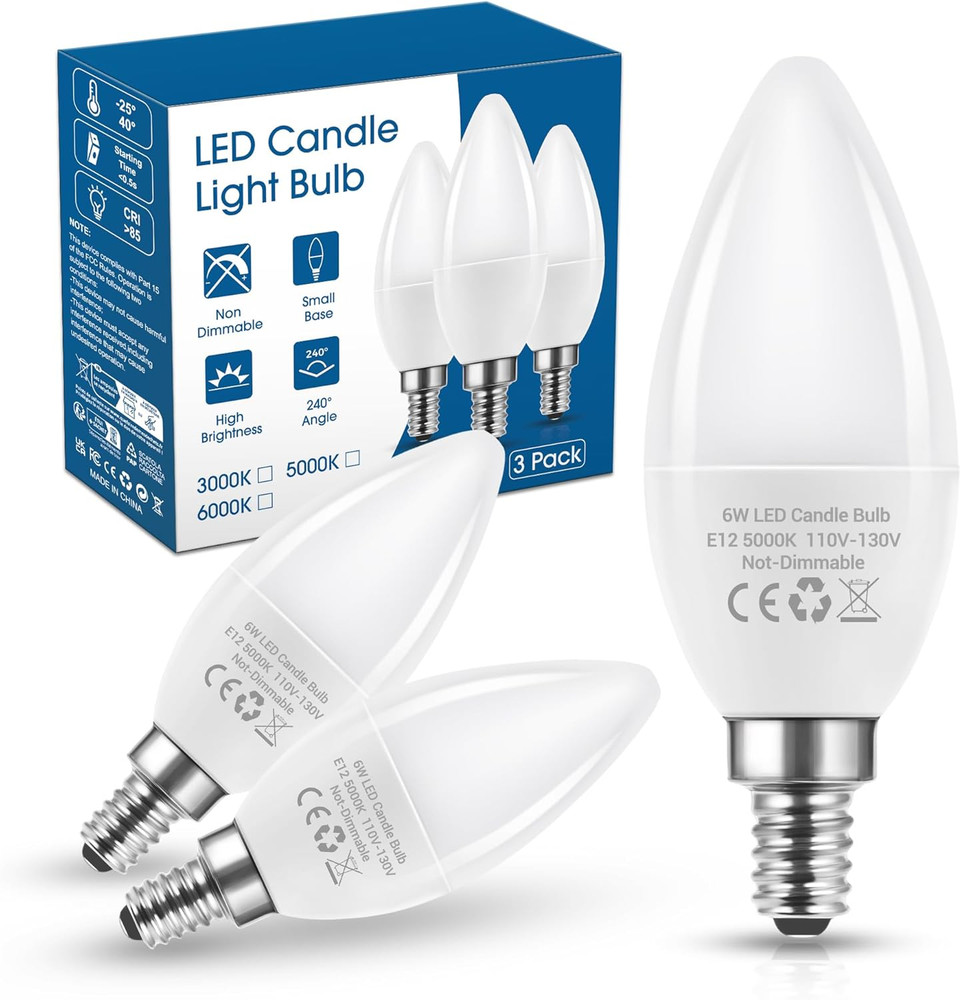 E12 LED Candelabra Light Bulbs 60 Watt Equivalent, 5000K Daylight White Type B L