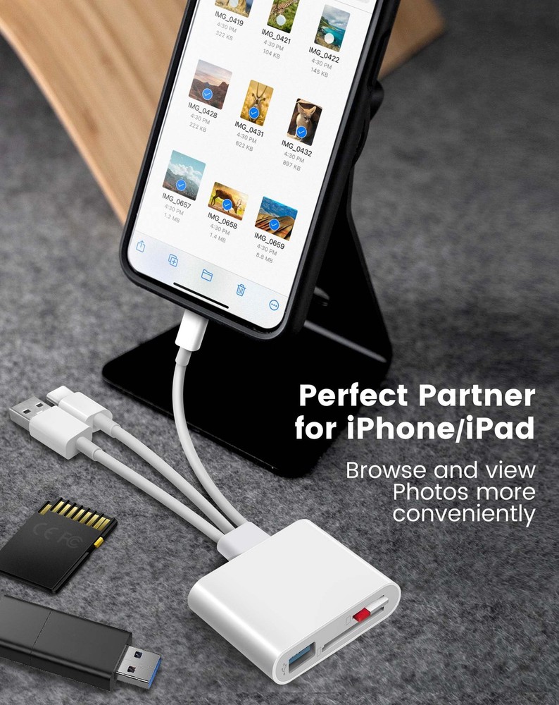 SD Card Reader for iPhone iPad Mac, Lightening & USB-C & USB-A 3 in 1 White