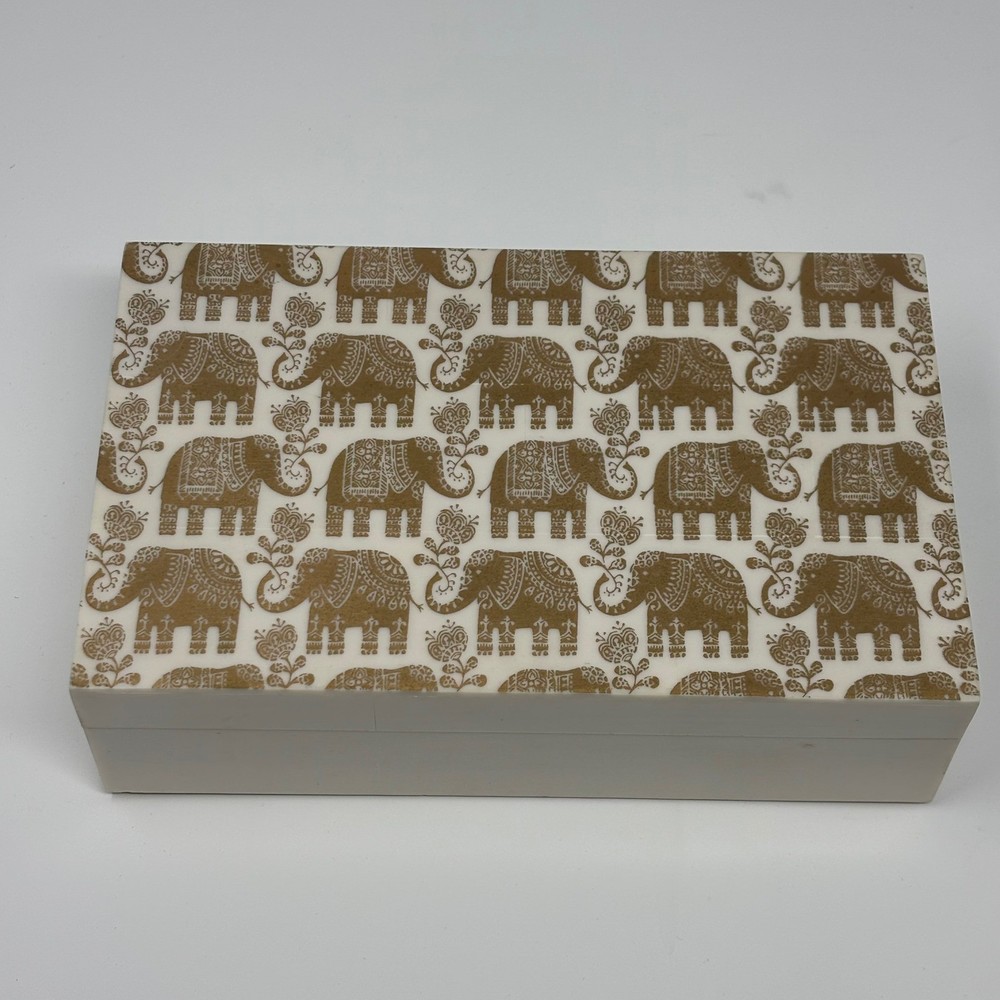 Decorative Storage Box Elephant Pattern White Gold Lid Organizer/ cigar box