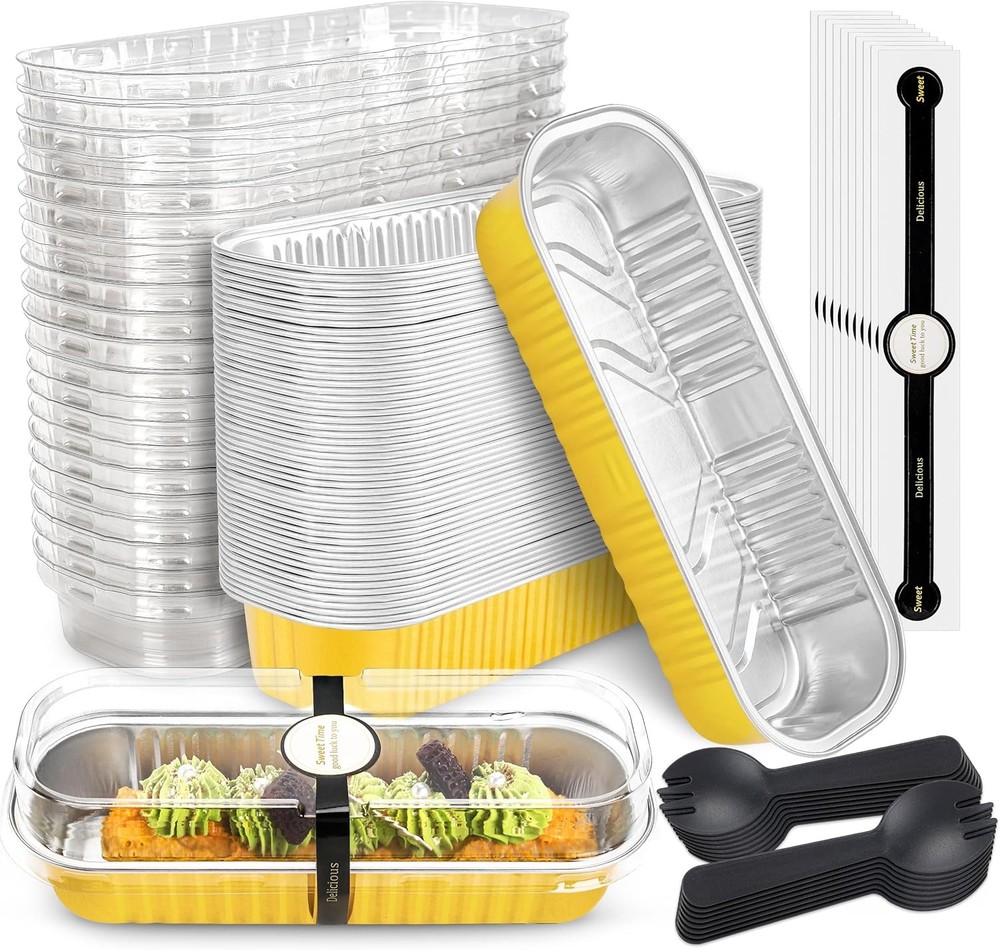 Mini Cake Pans with Lids and Spoons Gold Rectangular Aluminum Foil