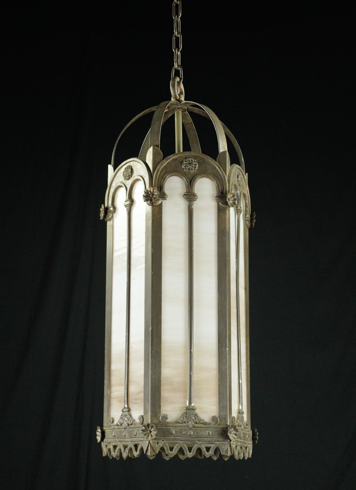Antique Gothic Cast Iron & Stained Glass Pendant Light