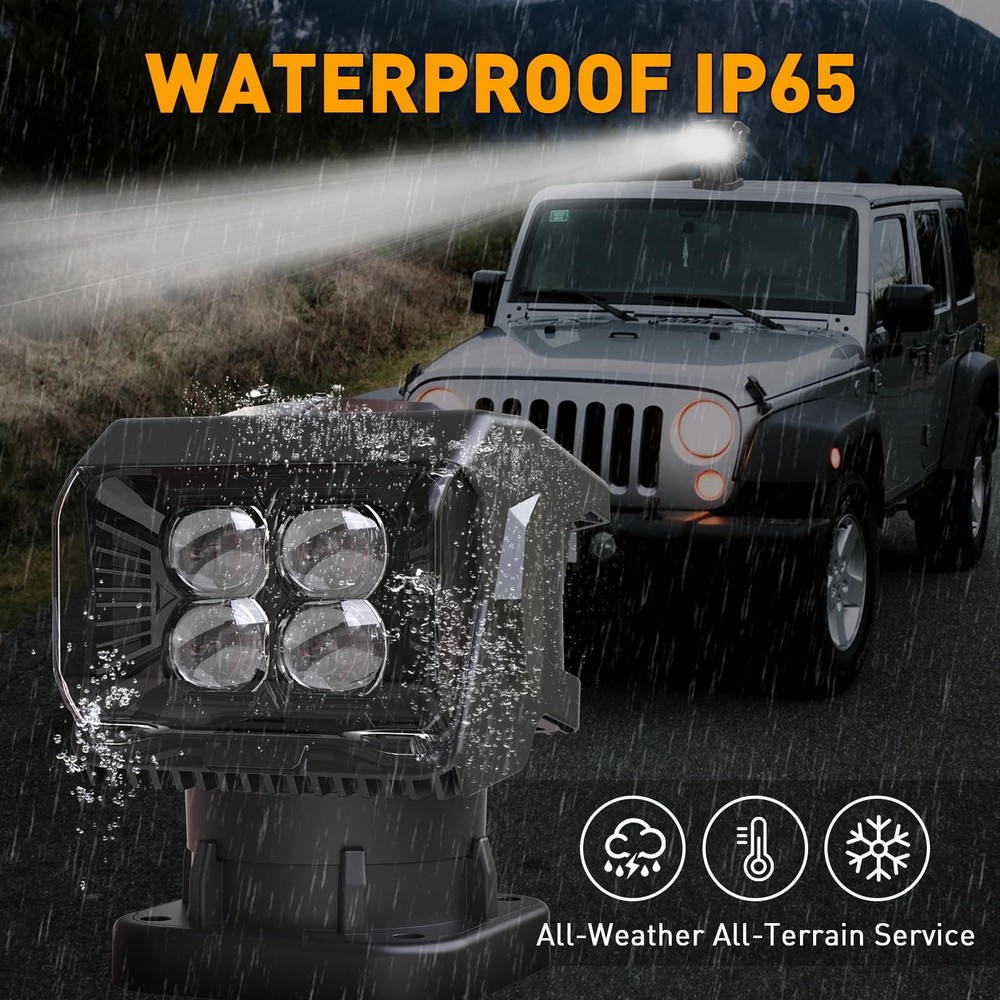 Remote Control LED Spotlight for Trucks Searchlight 50W, 360°Rotating Black