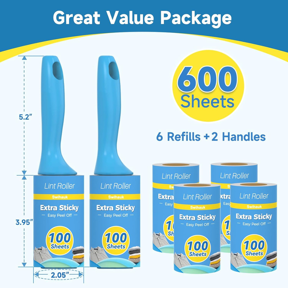 600 Sheets Extra Sticky Lint Rollers for Pets, Easy Tear with Ergonomic Handle