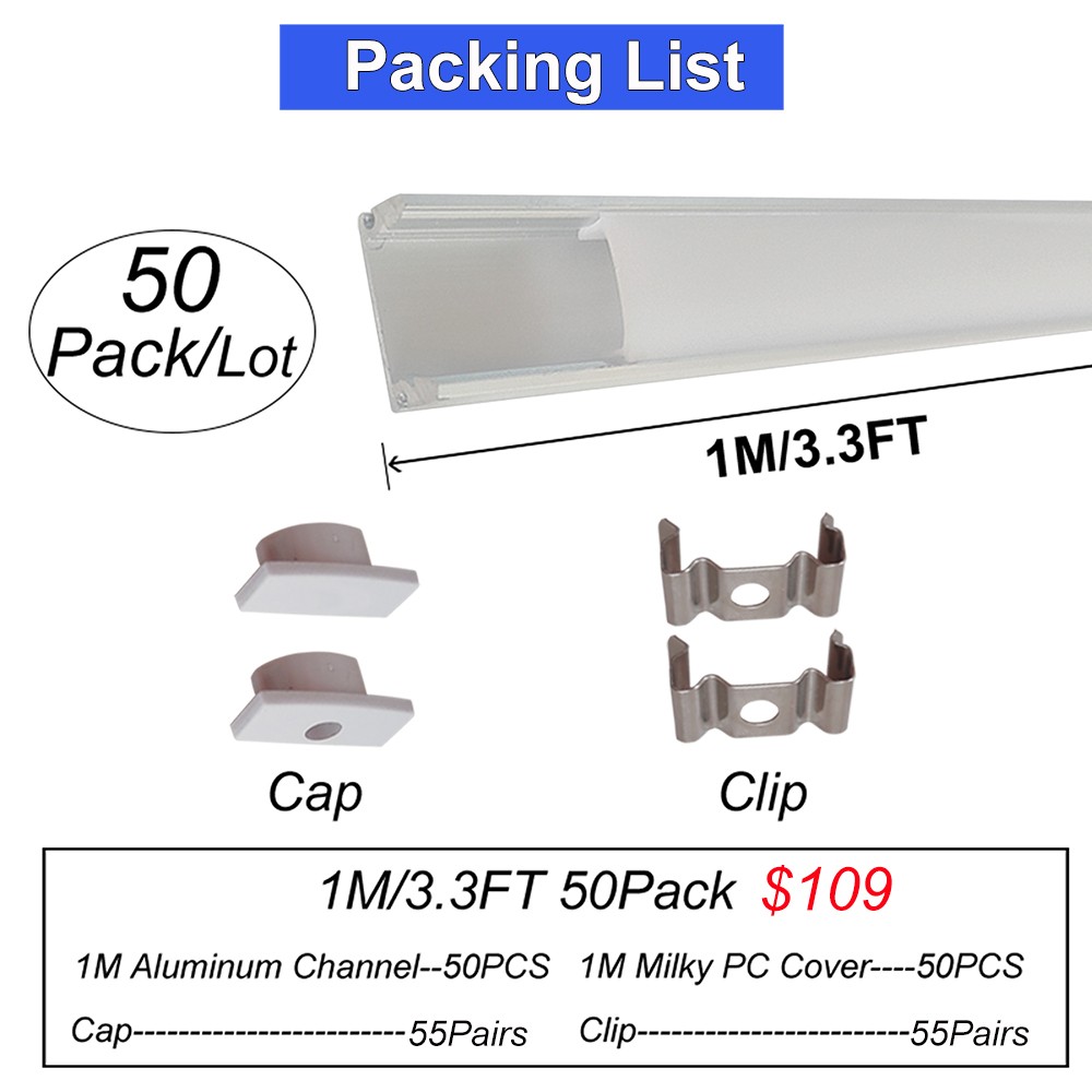 50 Pack 1M 2M Aluminum Channel Diffuser System Silver With Milky Cover U Shape