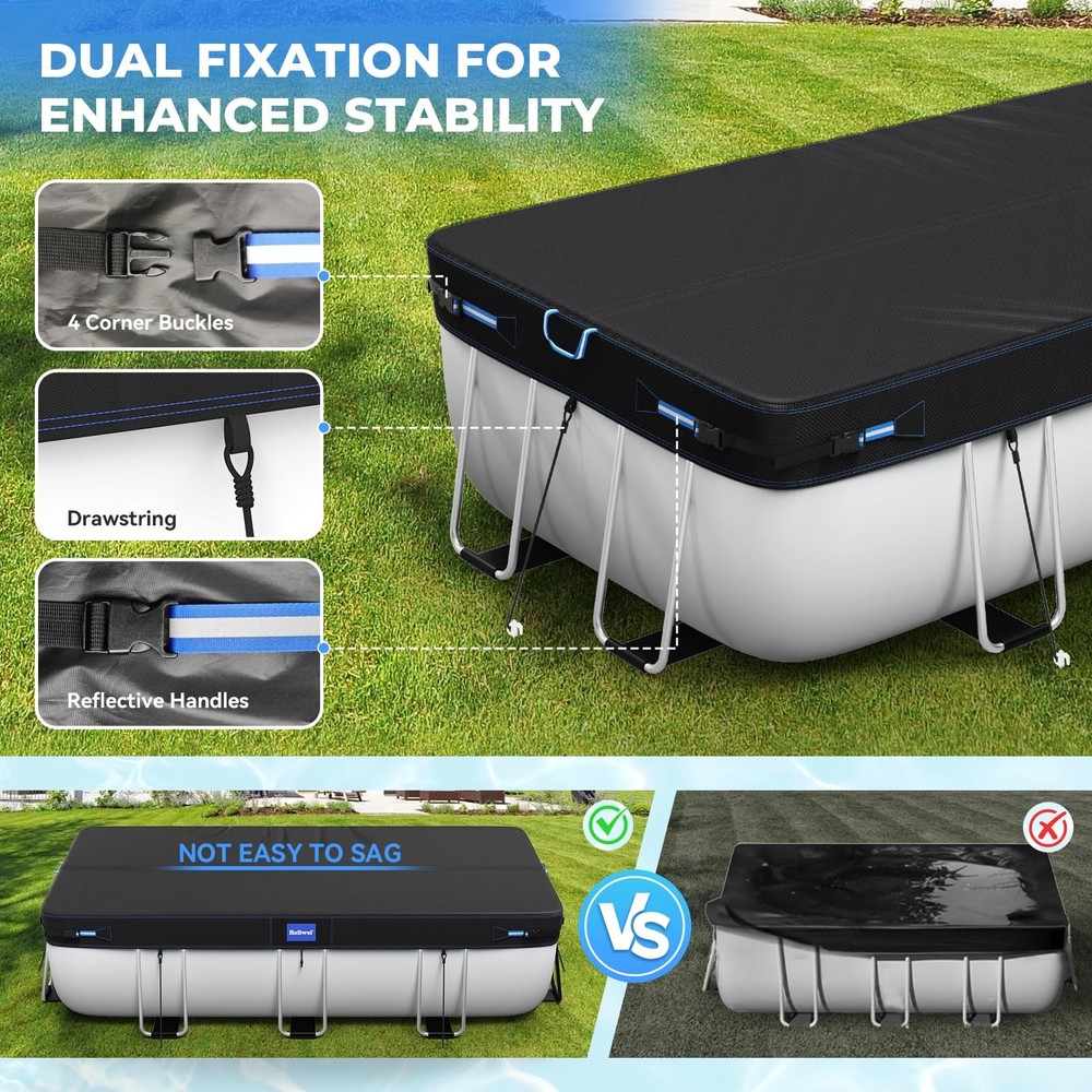 Holiwei 12x21 Ft Rectangular & Oval Above Ground Pool Cover Reflective Strips