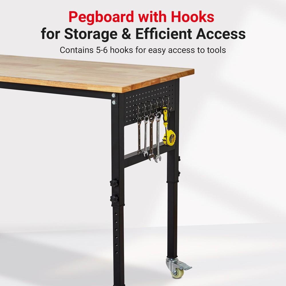 48" Adjustable Workbench with Wheels ,2000 Lbs Rubber Wood Work Table for Garage