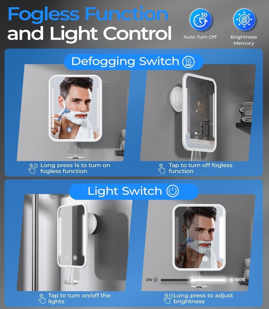 Fogless Shower Mirror with Light Rechargeable Battery Waterproof Wall Mount