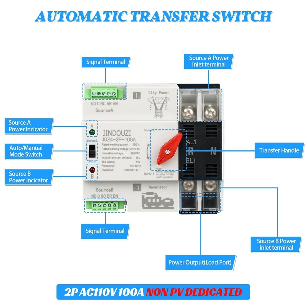 100A Dual Power Automatic Transfer Switch, 110V Millisecond Operation