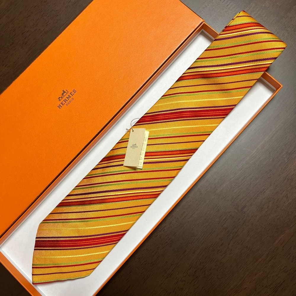 HERMES Tie Orange Multi Color Stripe Jacquard