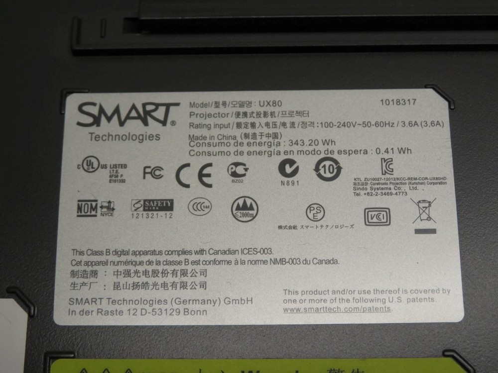 Smart Technologies UX80 Projector 1018317 Ultra Short Throw