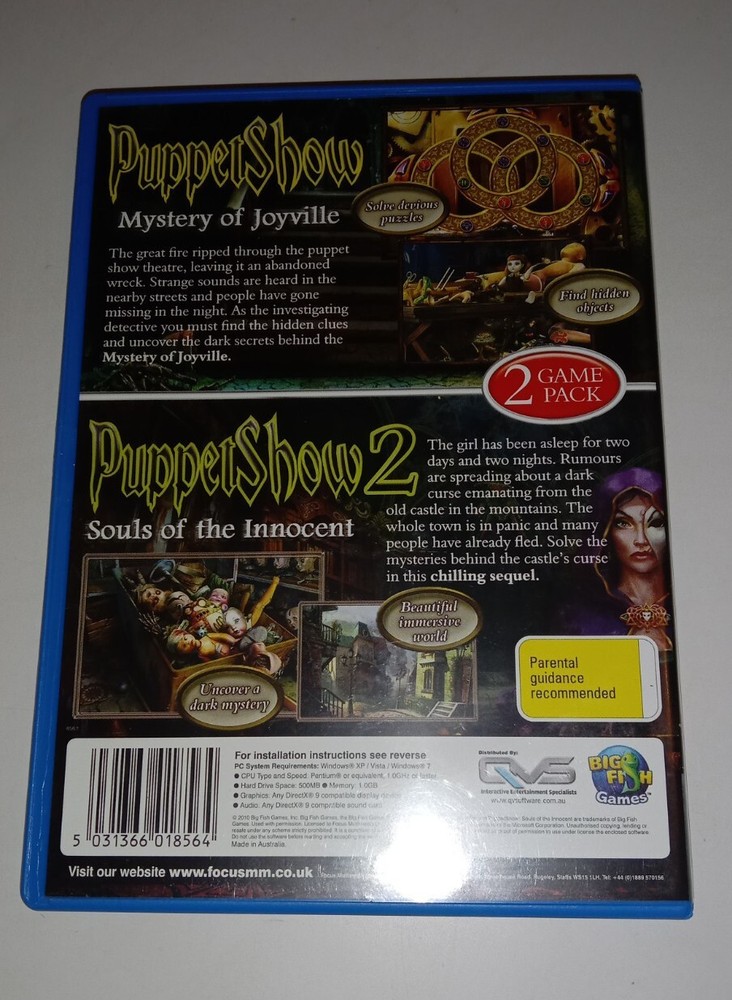 RARE PC GAME THE PUPPET SHOW - 2 PC GAME PACK (CD ROM, 2011) FREE POSTAGE
