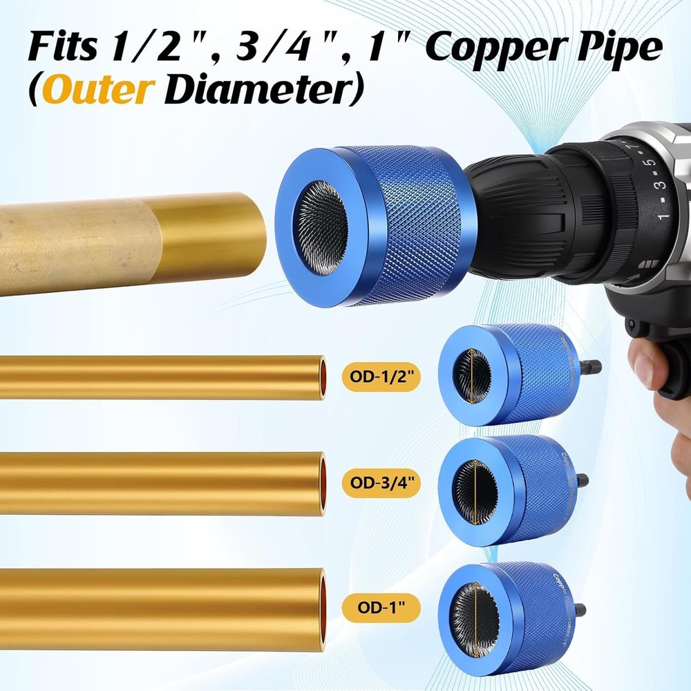 1/2", 3/4", 1" Copper Pipe Cleaner for Drill Set Includes External Stainless Ste
