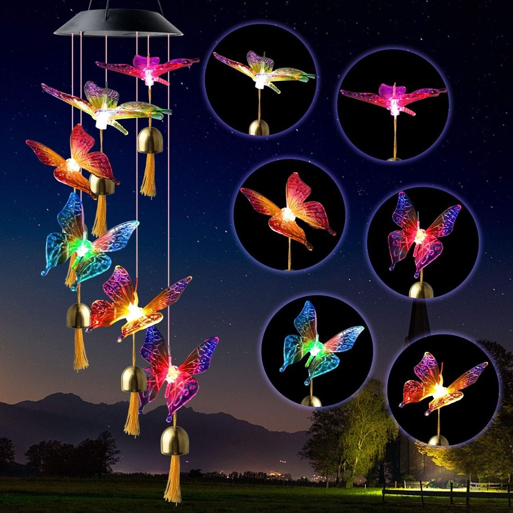LED Butterfly Wind Chime With Bell Solar Powered Lights Color-Changing Yard Deco