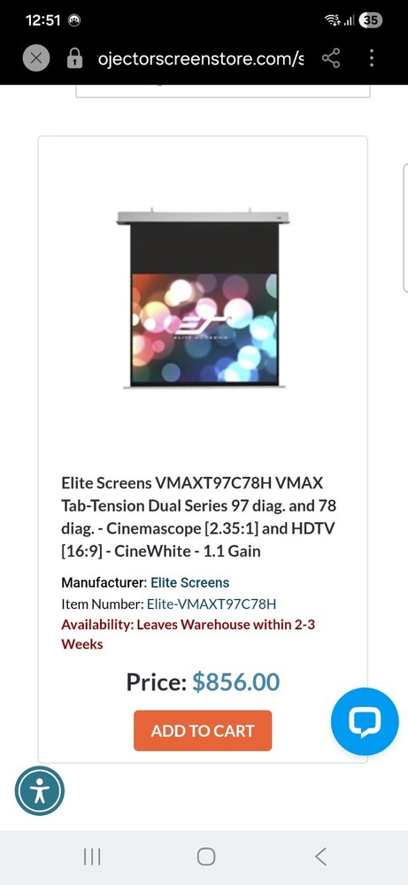 Elite Zero Edge Electric-Tech Screen VMAXT97 New In Box