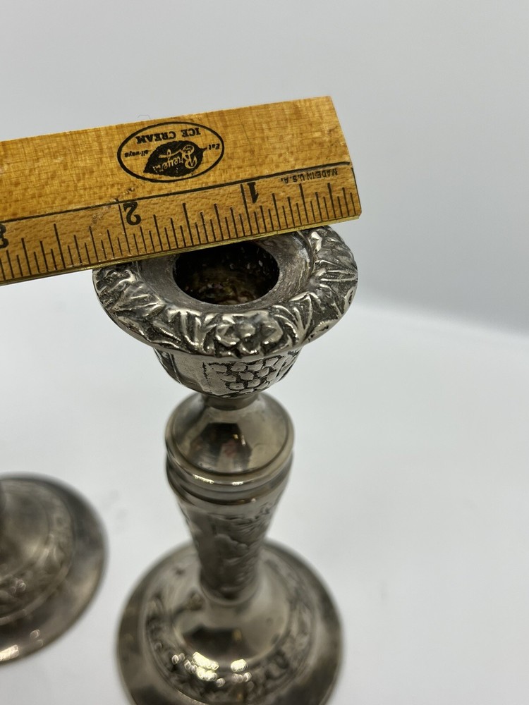 Vintage Pair Old Embossed Grapes Vineyard Silver Plated Candlestick Holders 7”