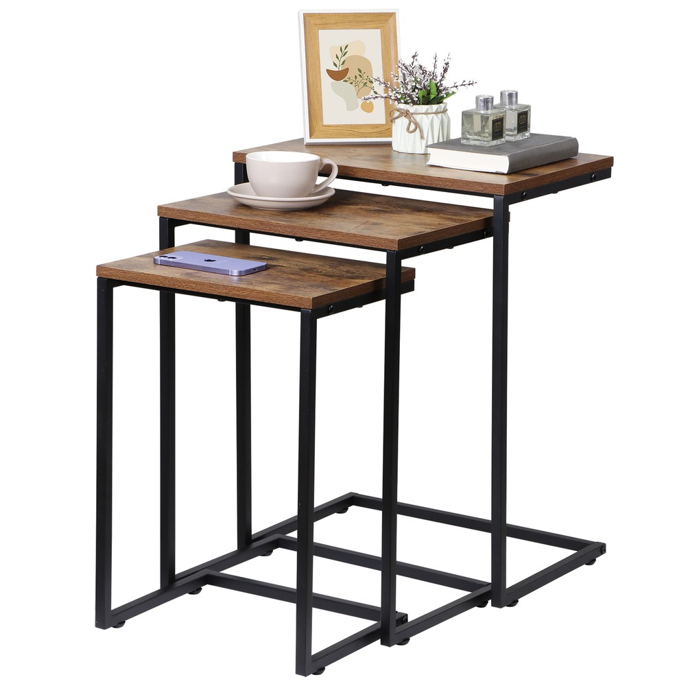 Nesting Coffee Table Set of 3 Stacking C-Shape Accent End Table with Metal Frame