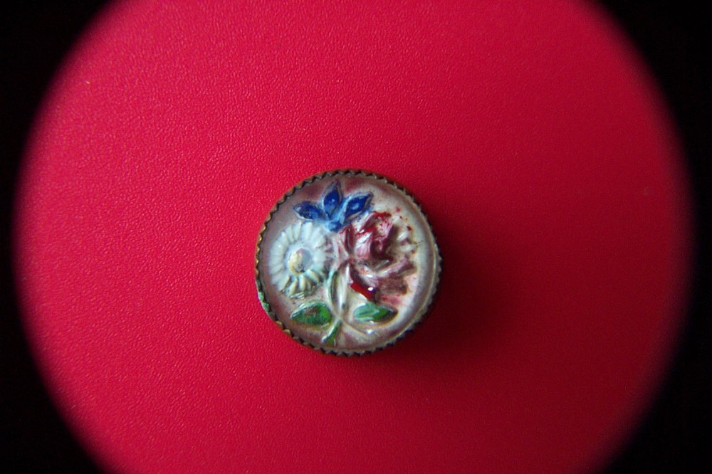 19th C GLASS DOME BUTTON Reverse Enameled ROSE DAISY IRIS