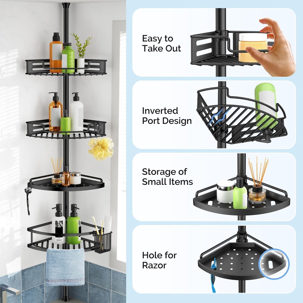 HAMITOR Corner Shower Caddy Tension Pole Quick Installation 4-Tier Rustproof ...