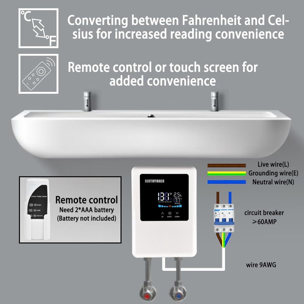 Tankless Water Heater Electric 110V, 5000W Instant Under Sink Remote Control