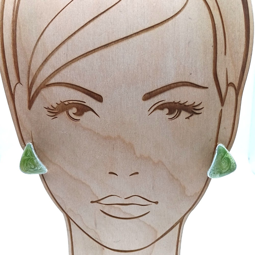 Vintage Triangle Green Enamel Stud Earrings With Silver-Tone Setting