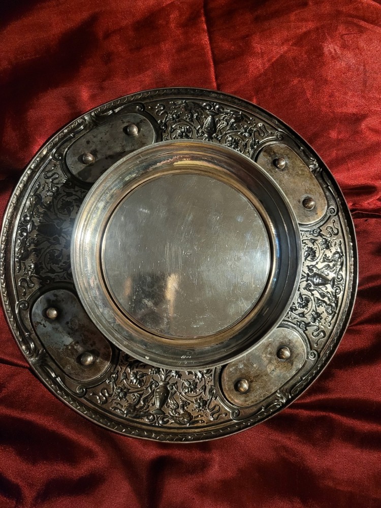 Solid 800M German Silver 10" Plate With Embossed Cherub Scenes. Gorgeous Plate!