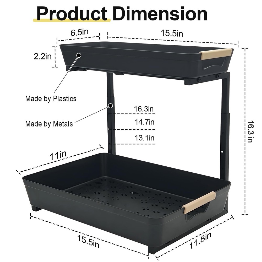 2 Pack Under Sink Organizer,2 Tier Pull Out Adjustable Height Under Cabinet S...