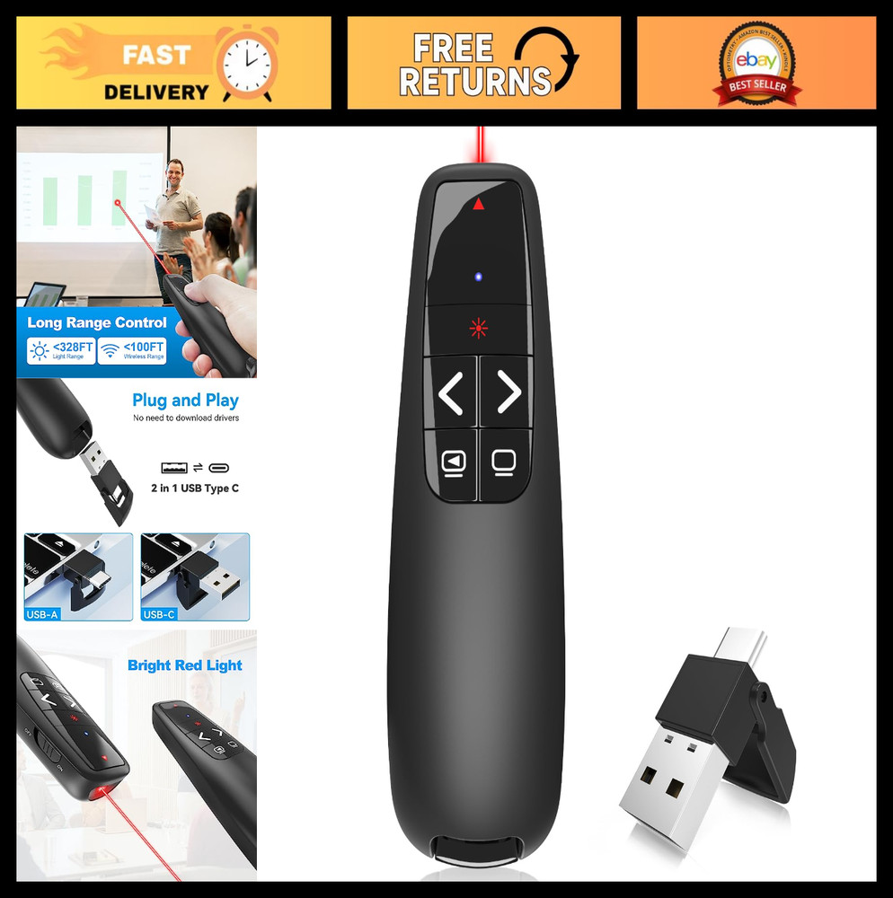 Wireless Presentation Clicker Remote - USB Type C Laser Pointer for PPT & Google
