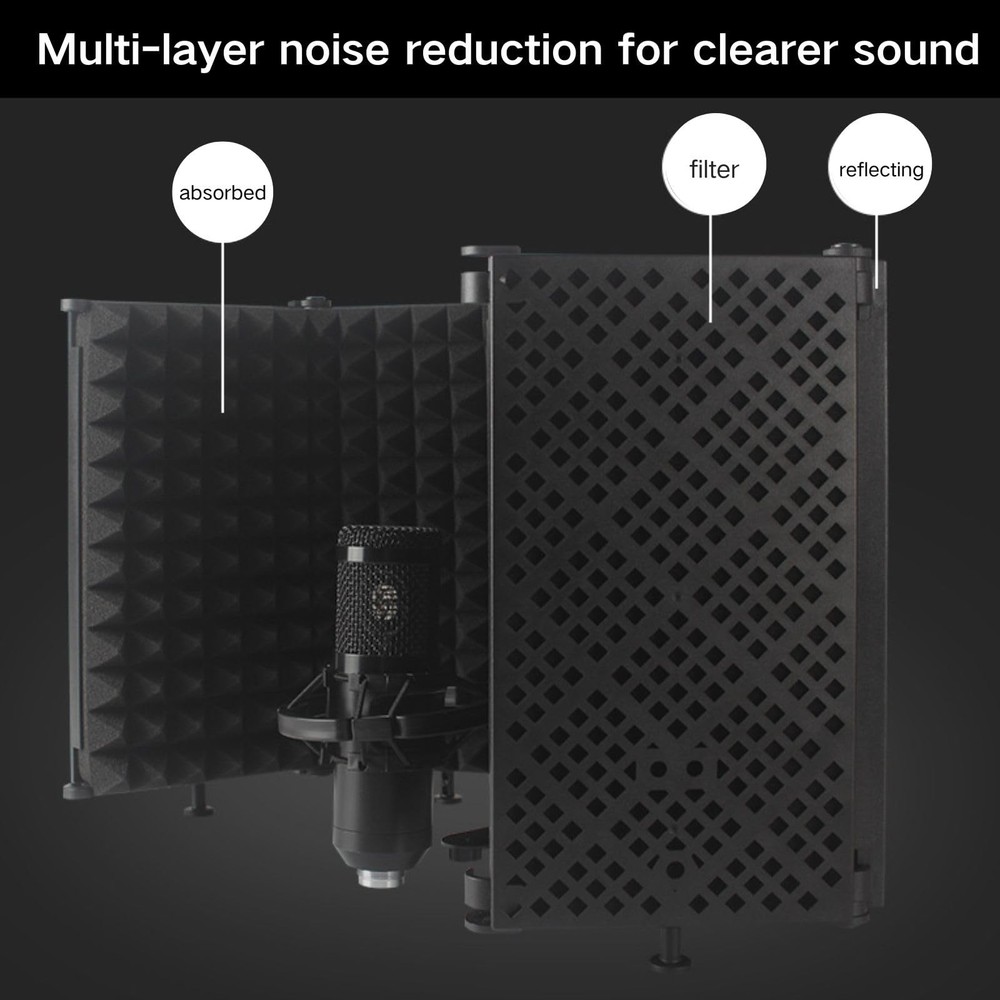 Microphone Isolation Shield 5 Panel Pop Filter Tripod Stand Studio Black